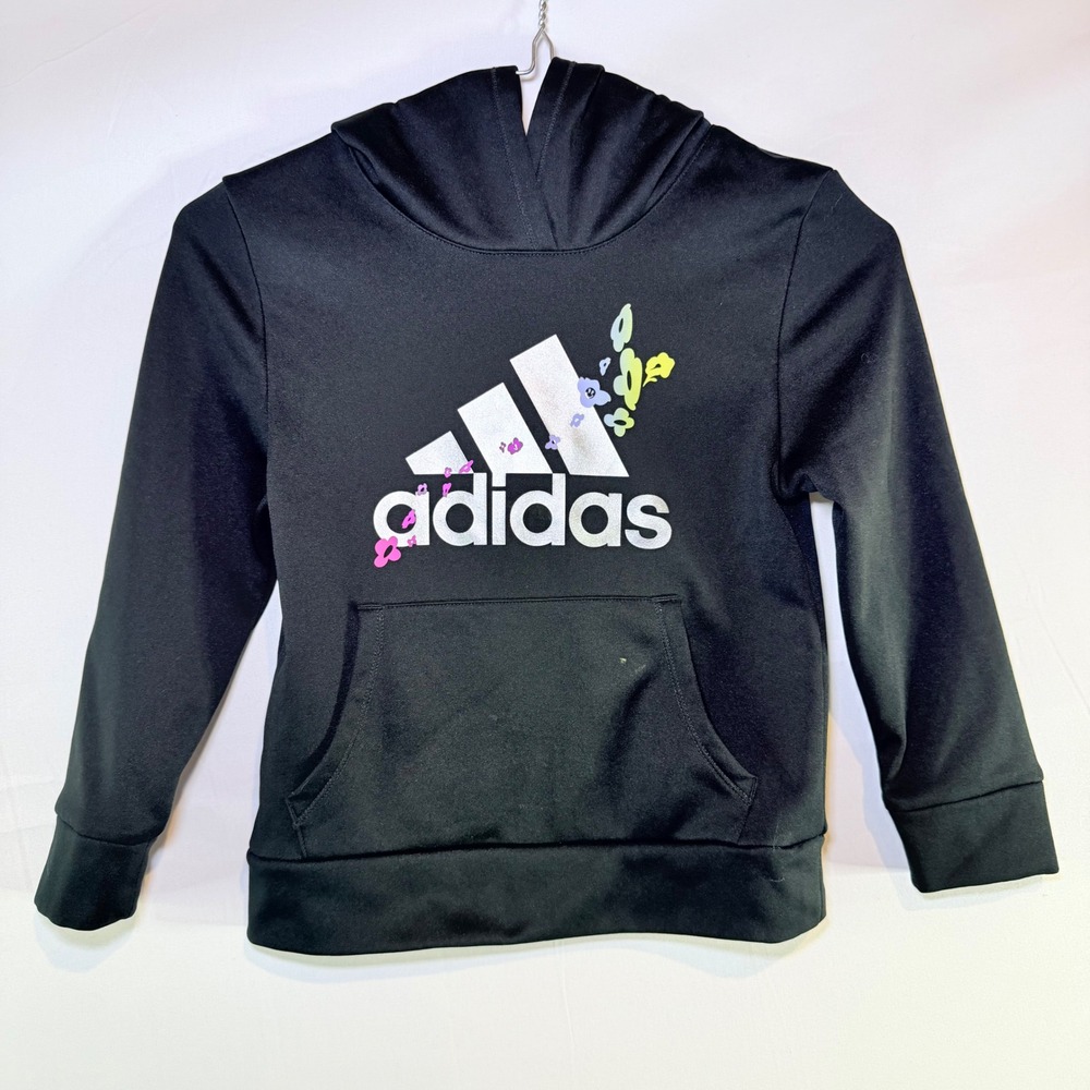 Adidas Girls‎ Black Floral Logo Fleece Pullover Hoodie Sweatshirt Size 6